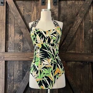 Nicole miller Cheetah print & leaves swimsuit halter Sz-10 USA